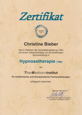 Zertifikat Hypnose Therapie, Christine Bieber Ausbildung Hypnose